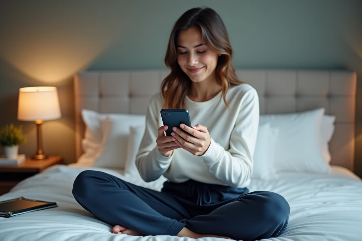 Jeune femme suivant les étapes de connexion à CONVERGENCE Toulouse sur smartphone depuis sa chambre
