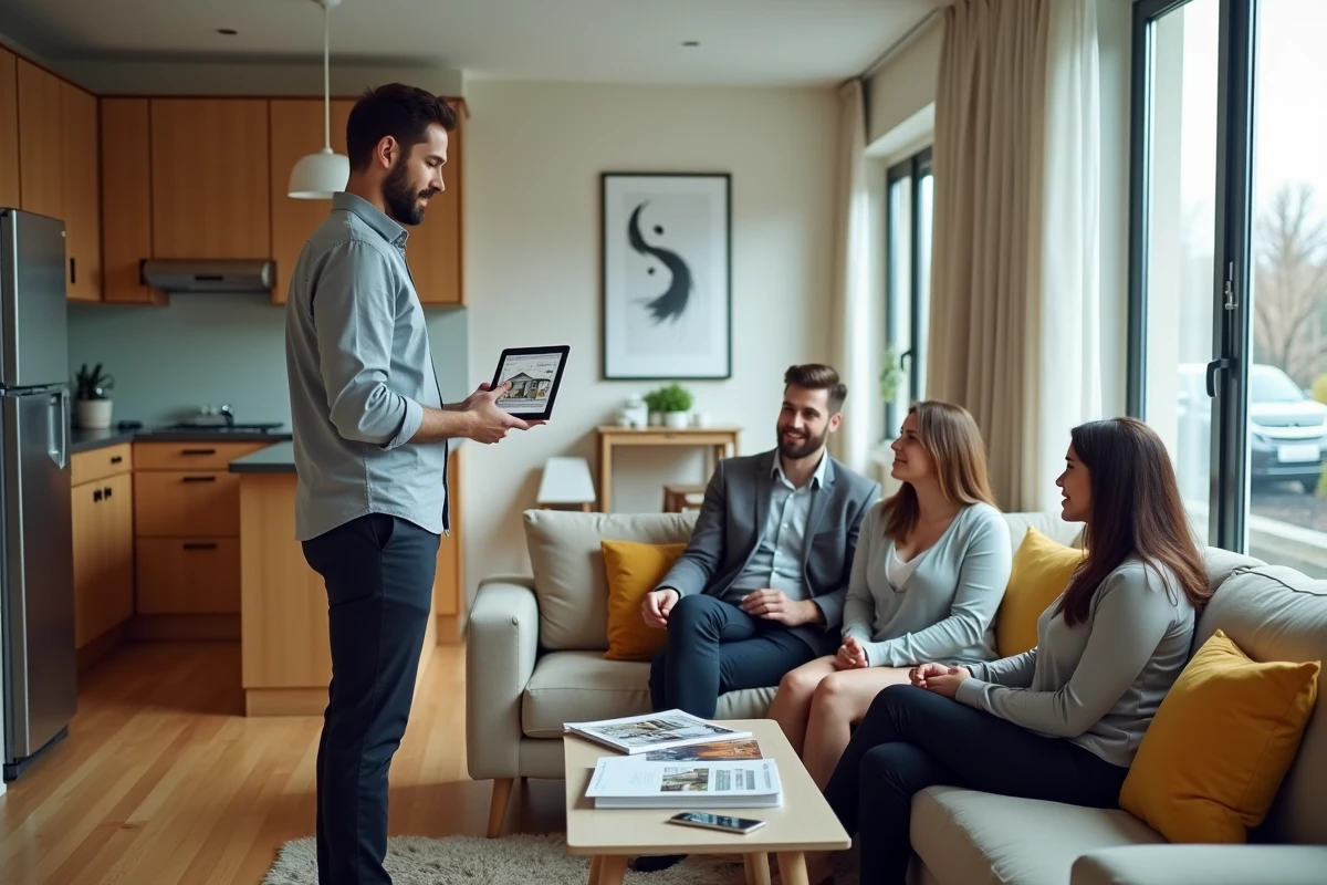 Conseiller SAFTI présentant le logiciel omegasafti à des clients lors d'une visite immobilière dans un appartement moderne