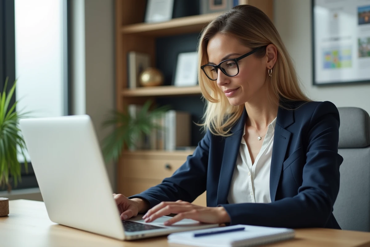 Conseillère immobilière SAFTI utilisant un tableau de bord numérique omegasafti sur son ordinateur portable dans un bureau moderne