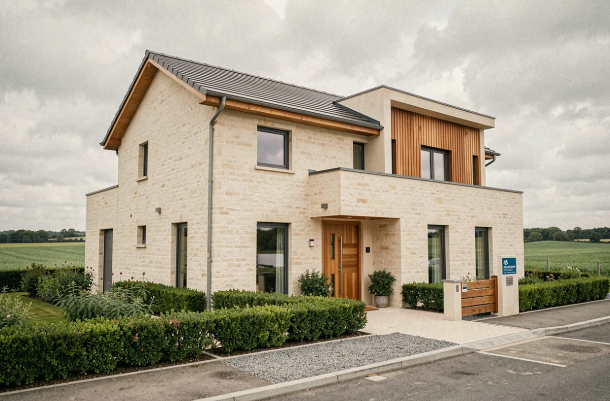 Maison individuelle moderne construite dans le Calvados avec façade en pierre normande et jardin aménagé