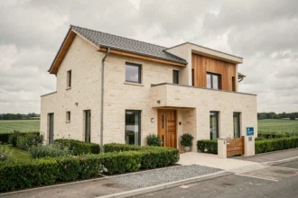 Maison individuelle moderne construite dans le Calvados avec façade en pierre normande et jardin aménagé