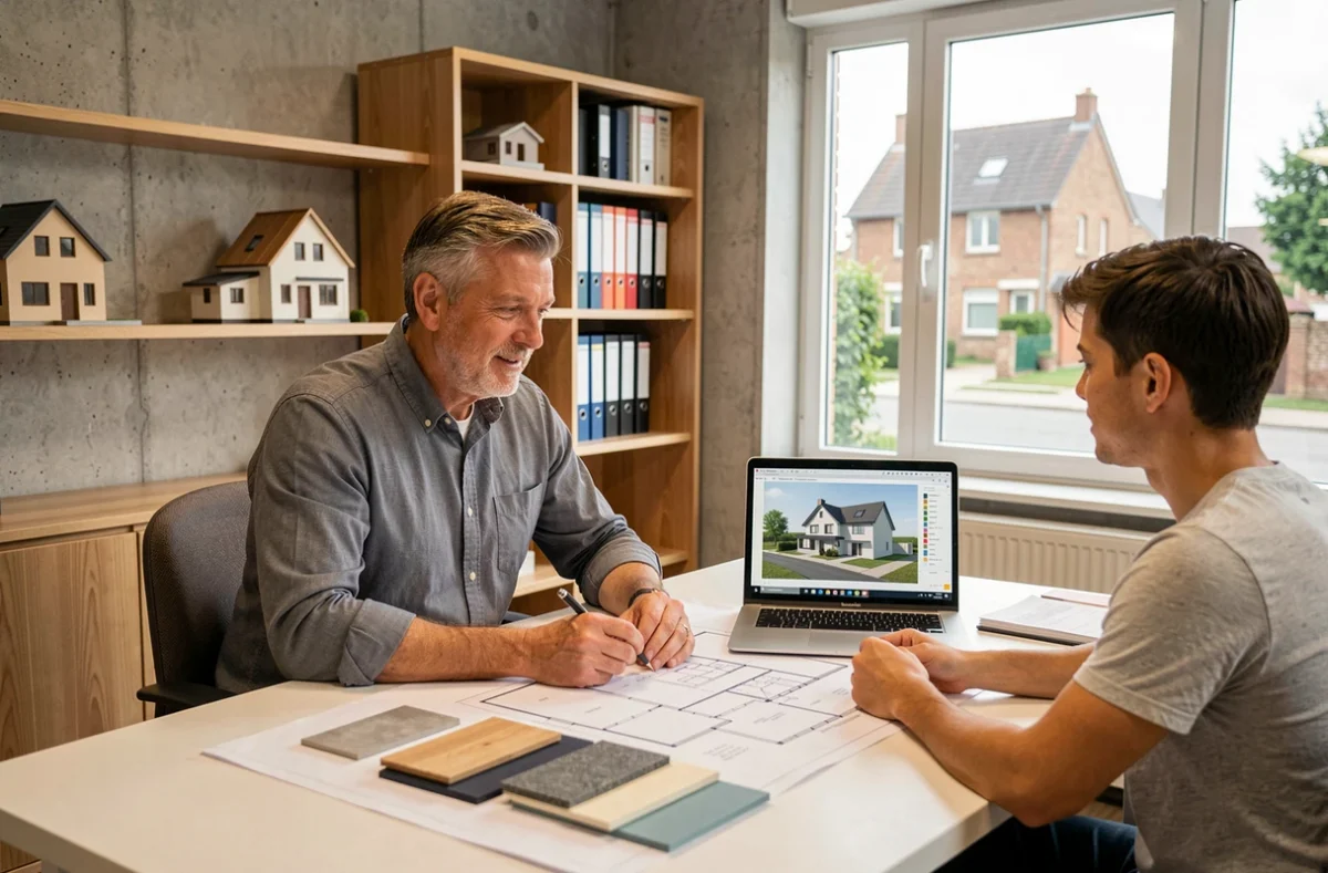 Conseiller en construction de maison individuelle présentant des plans à un couple dans une agence du Calvados