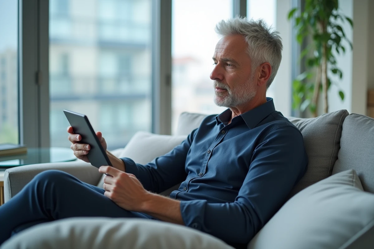 Homme consultant les étapes d'accès à CONVERGENCE Toulouse sur une tablette depuis son salon