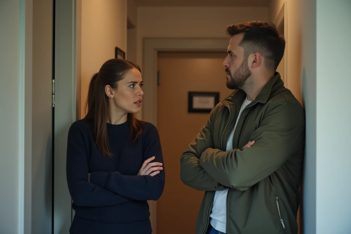 Deux copropriétaires en désaccord dans le couloir d'un appartement en indivision