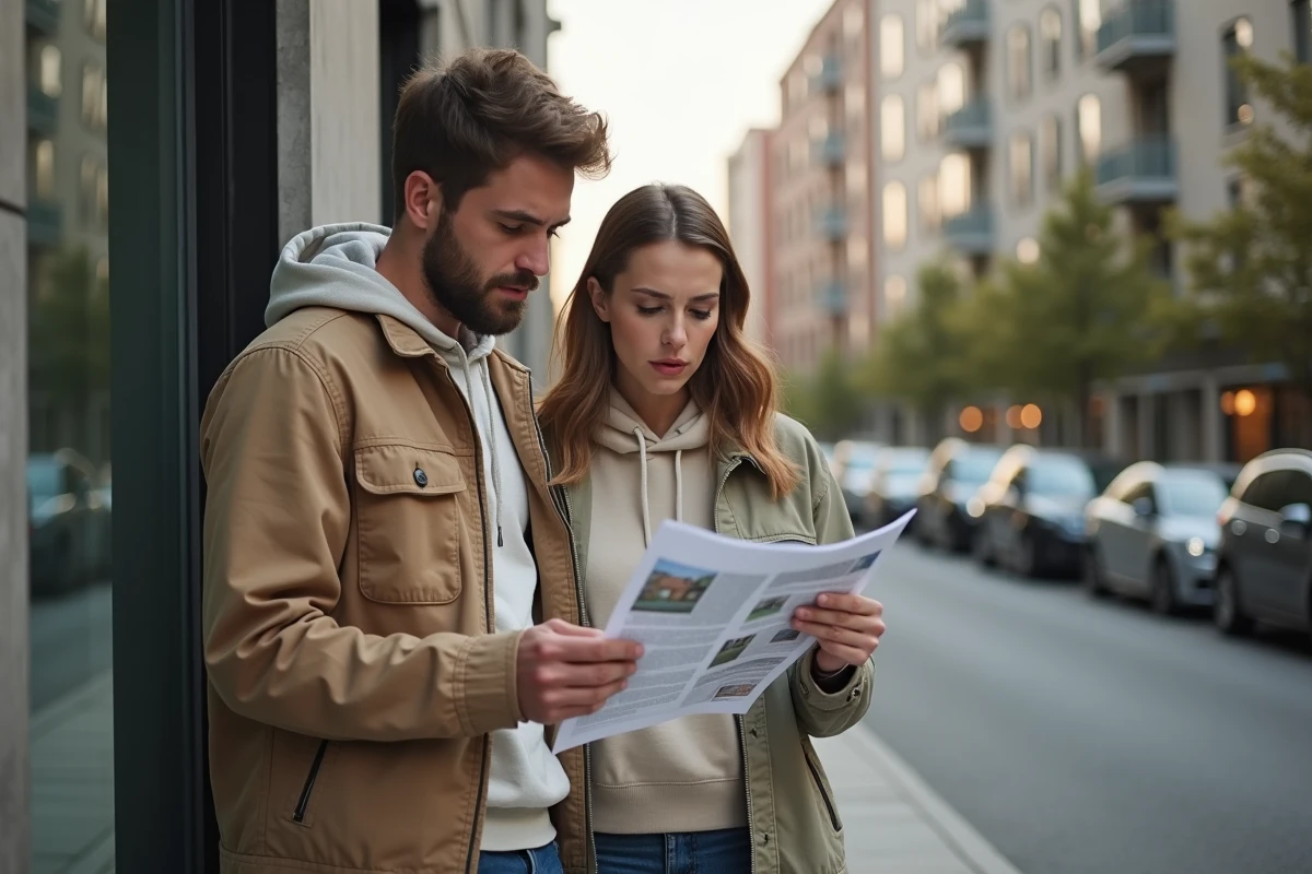 Couple consultant des annonces immobilières devant un immeuble moderne en ville, hésitant à acheter en 2026