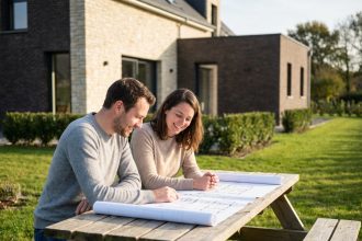 Jeune couple souriant devant maison moderne à Saint Erblon