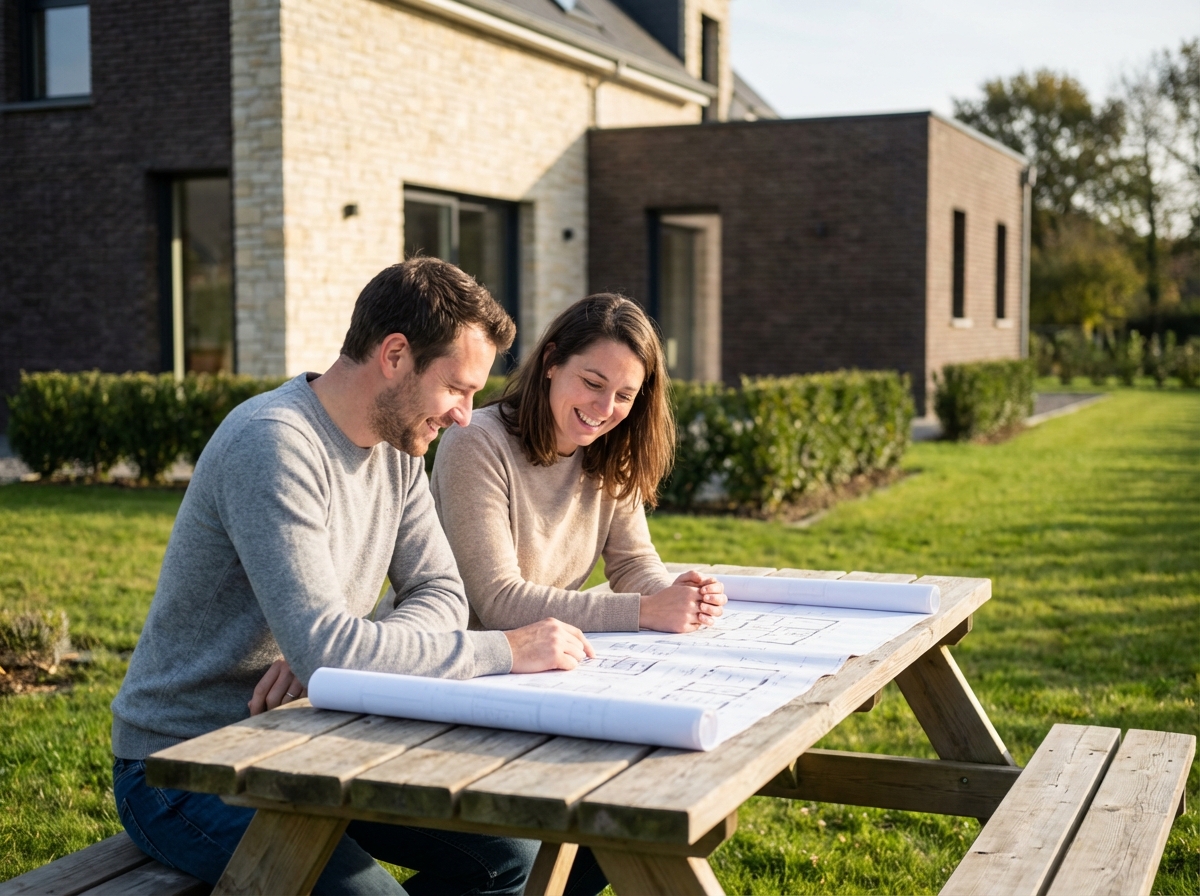 Jeune couple souriant devant maison moderne à Saint Erblon