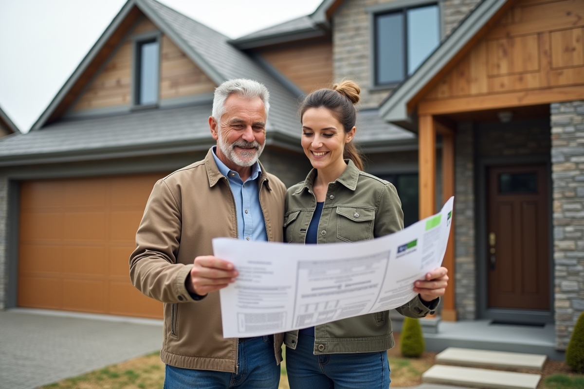 Couple vérifiant des plans devant leur nouvelle maison