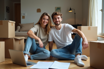 Jeune couple souriant lors d'un déménagement dans un appartement