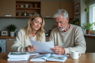 Couple de parents discutant de documents immobiliers à la maison