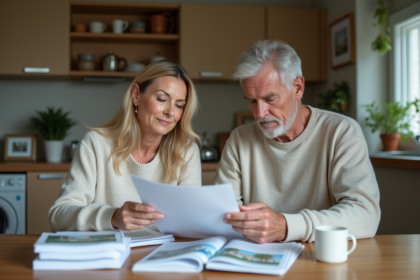 Couple de parents discutant de documents immobiliers à la maison