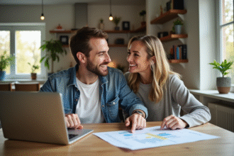 Couple souriant discutant finances à la maison