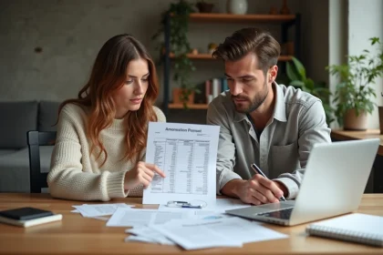Couple étudiant un dossier de prêt immobilier de 200 000 euros autour d'une table avec des documents bancaires