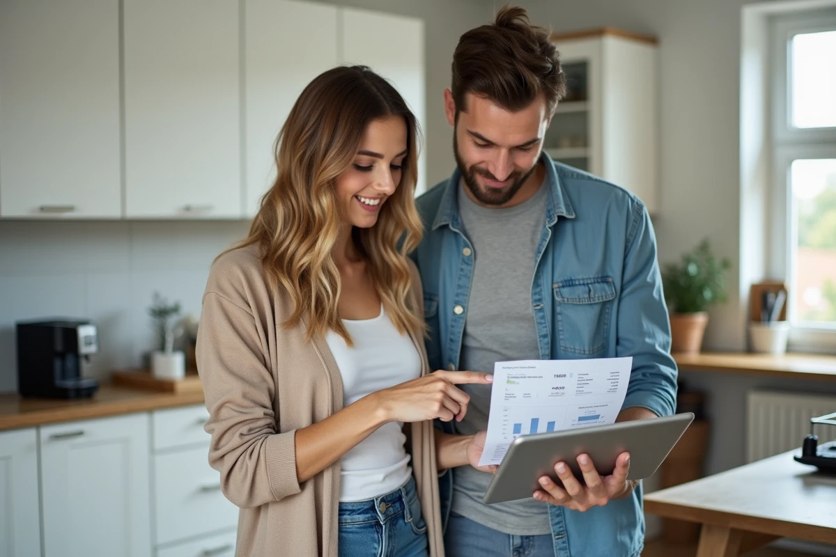 Couple examinant ensemble leurs documents et charges locatives sur une tablette numérique