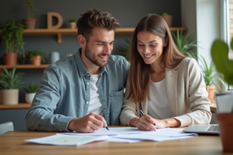 Jeune couple discutant de leur prêt immobilier à la maison