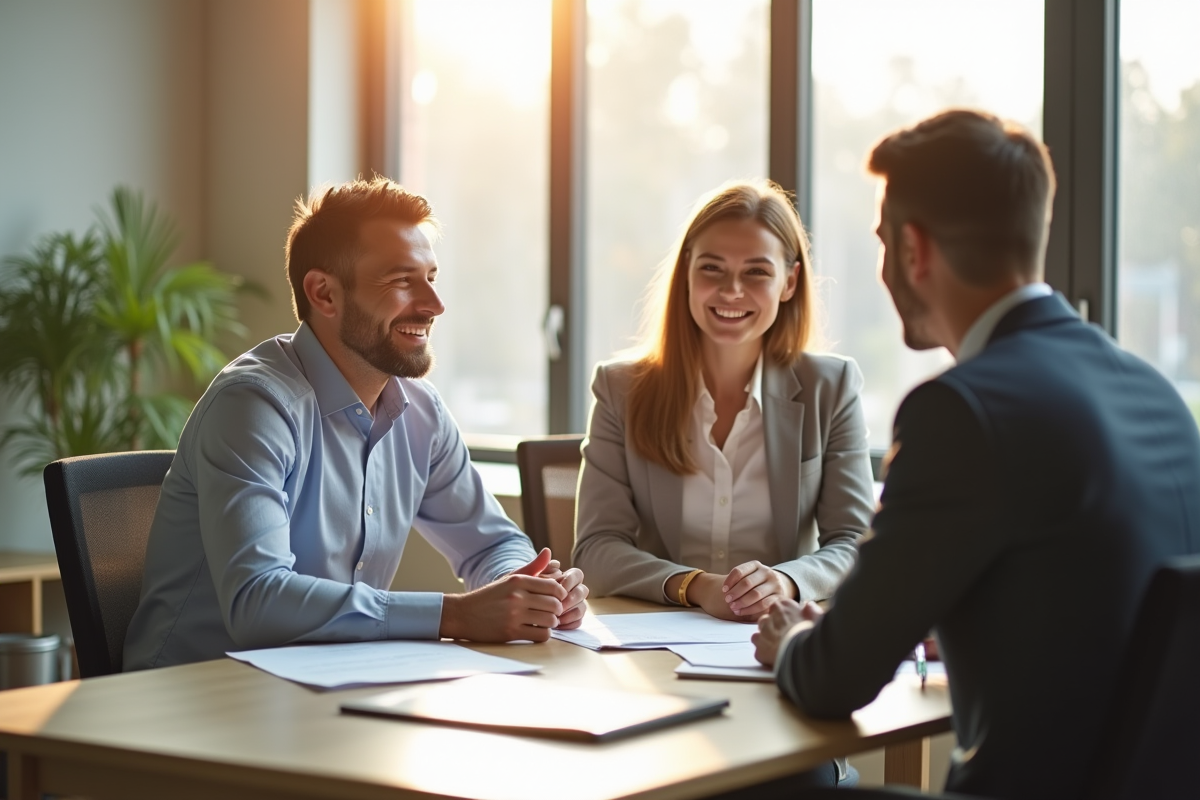 Couple souriant rencontrant un agent immobilier dans un bureau lumineux