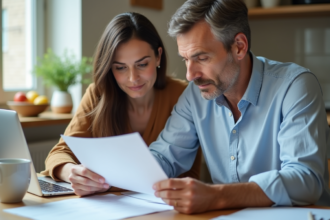 Couple français lisant des documents dans une cuisine lumineuse