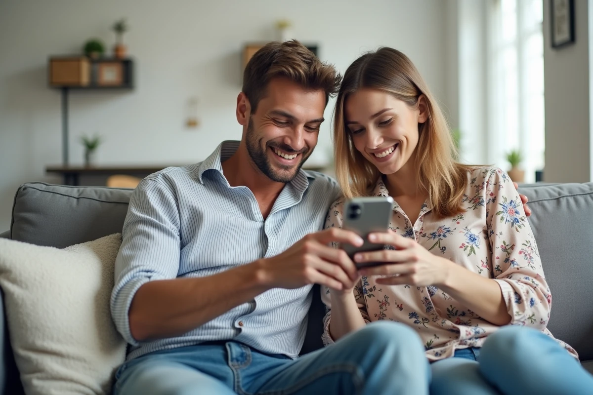 Couple de locataires consultant une application de gestion locative sur smartphone dans leur salon contemporain