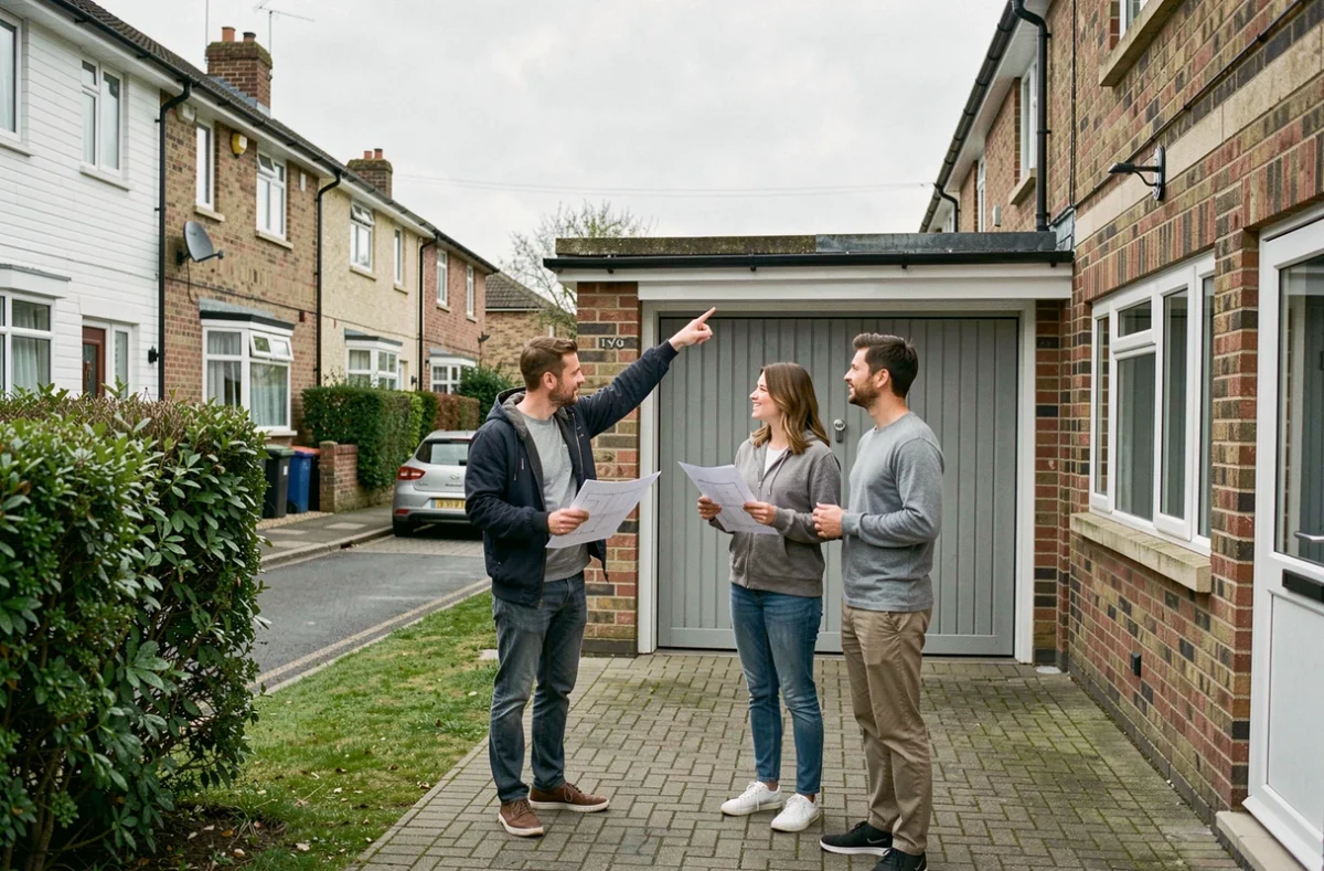 Couple examinant la façade et le garage d'une maison mitoyenne avant achat, discussion sur les nuisances sonores potentielles