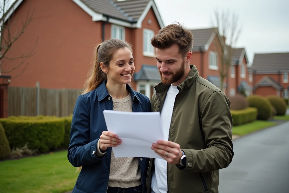 Jeune couple examinant des estimations immobilières devant une maison