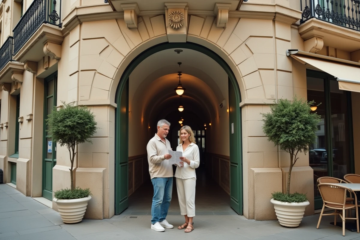 Couple consultant un plan de métro devant une station dans un quartier chic de Marseille avec belle architecture haussmannienne