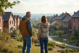 Couple regardant des maisons écologiques neuves