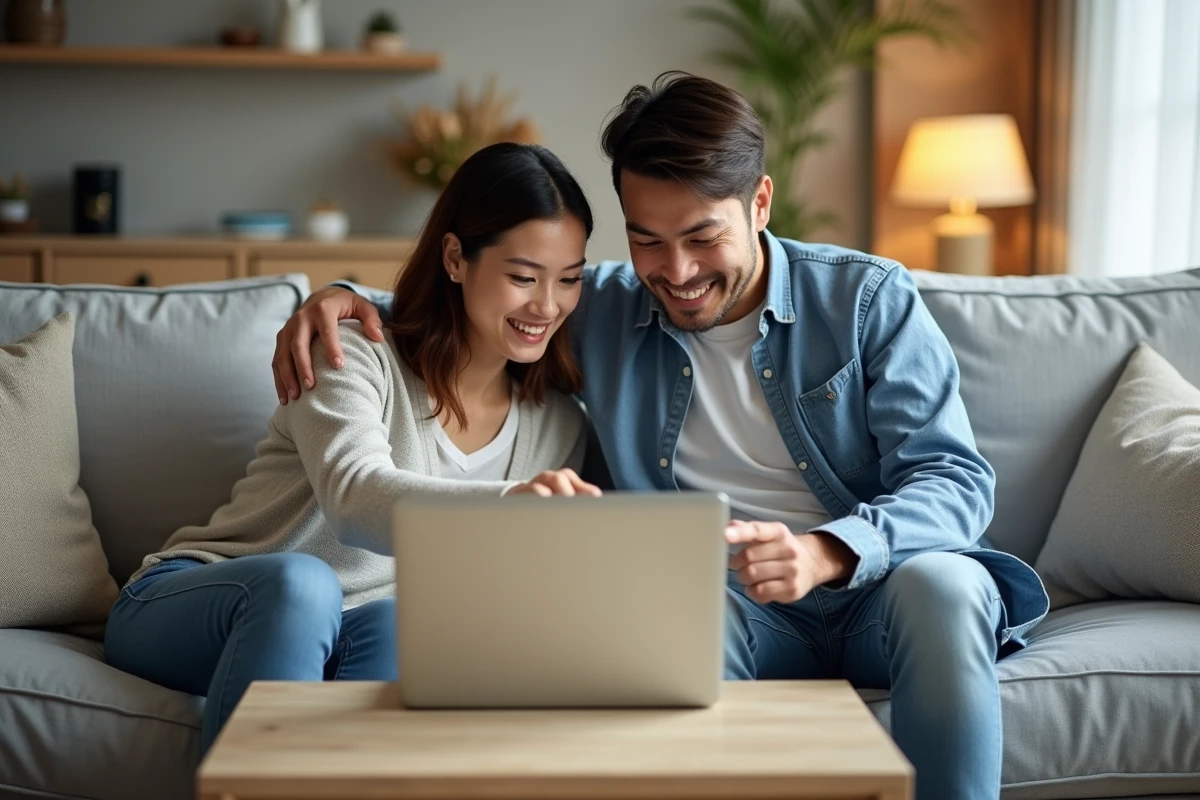 Couple cherchant une solution à une panne de l'espace personnel Nexity sur un ordinateur portable dans leur salon