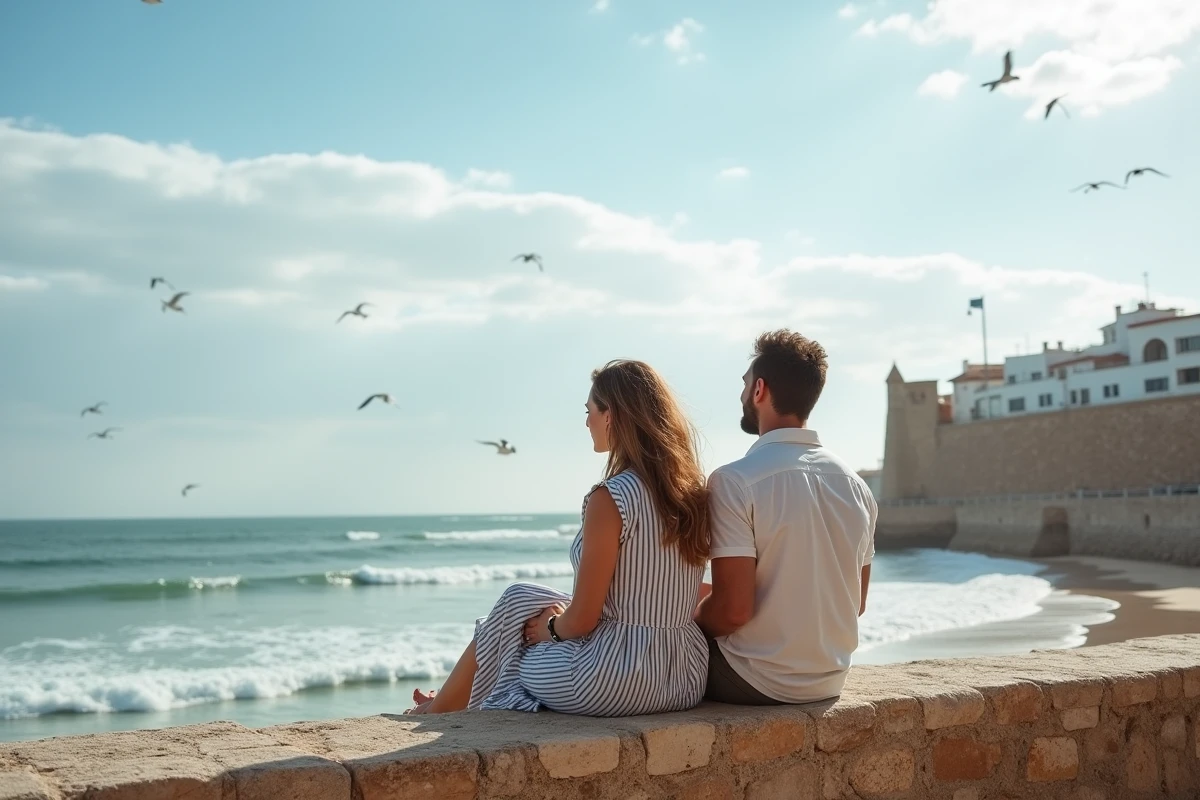 Couple installé sur les remparts d'Essaouira face à l'Atlantique évoquant la douceur de vie en location longue durée