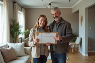 Couple en rénovation dans un salon moderne et lumineux