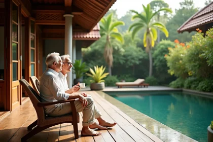 Couple de retraités profitant d'une terrasse en bois d'une villa à Koh Samui avec piscine à débordement et jardin tropical