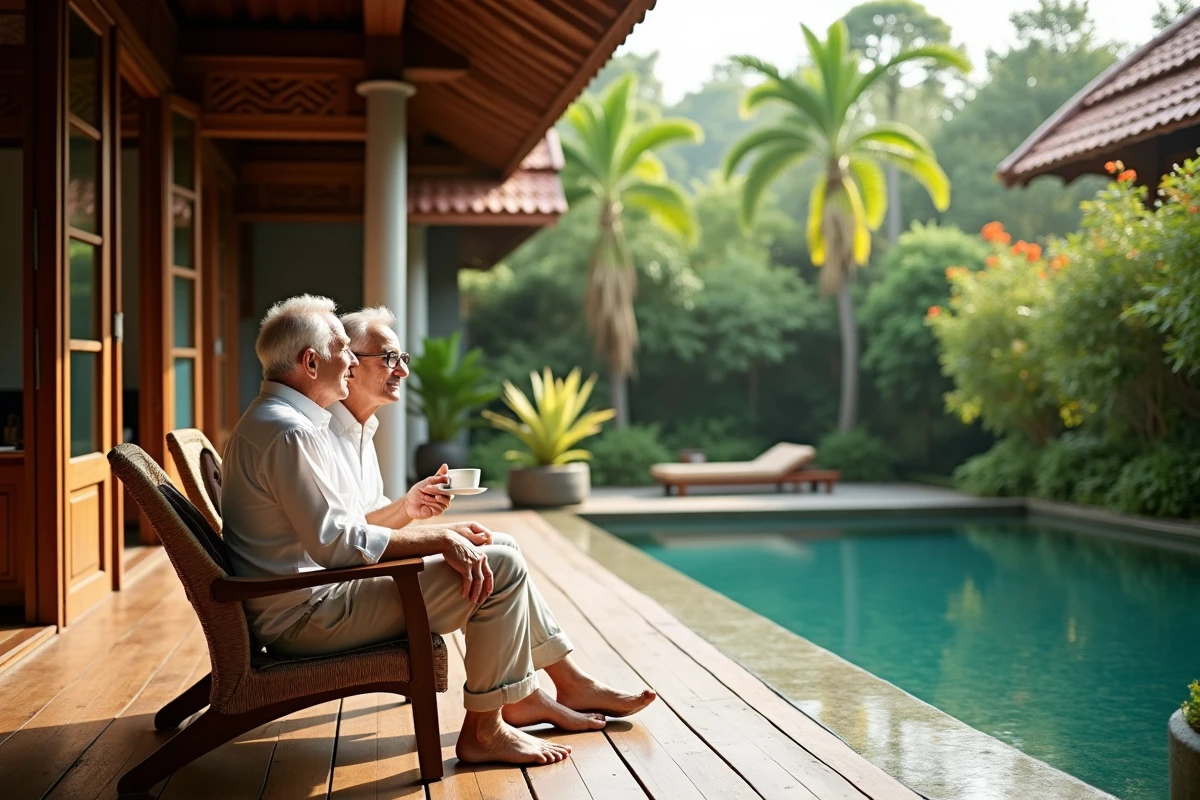 Couple de retraités profitant d'une terrasse en bois d'une villa à Koh Samui avec piscine à débordement et jardin tropical