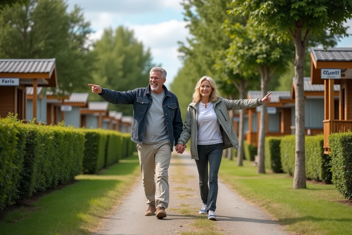 Un couple en visite de prospection marche dans les allées d'un camping à vendre lors d'une reconversion professionnelle
