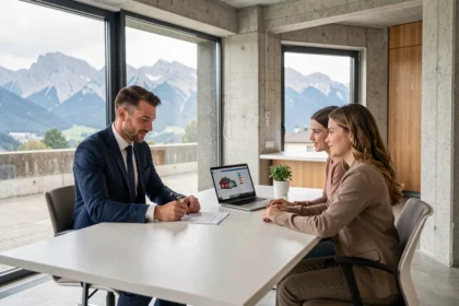 Scène de consultation avec un courtier en prêt immobilier dans un bureau moderne de Grenoble avec vue sur les montagnes de l'Isère