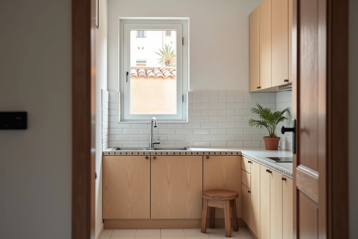 Cuisine fonctionnelle d'un appartement pas cher à vendre à Guéliz Marrakech avec détails en zellige