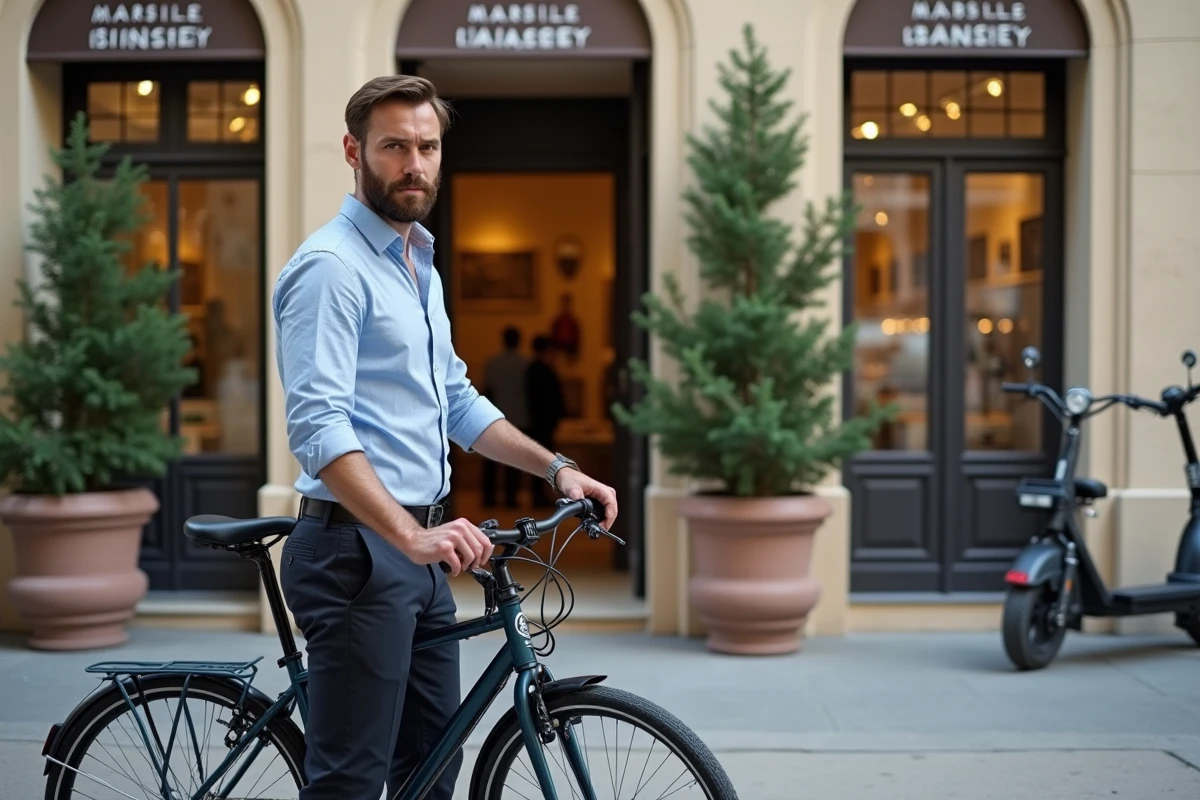 Homme attachant son vélo devant une boulangerie chic dans un quartier résidentiel huppé de Marseille