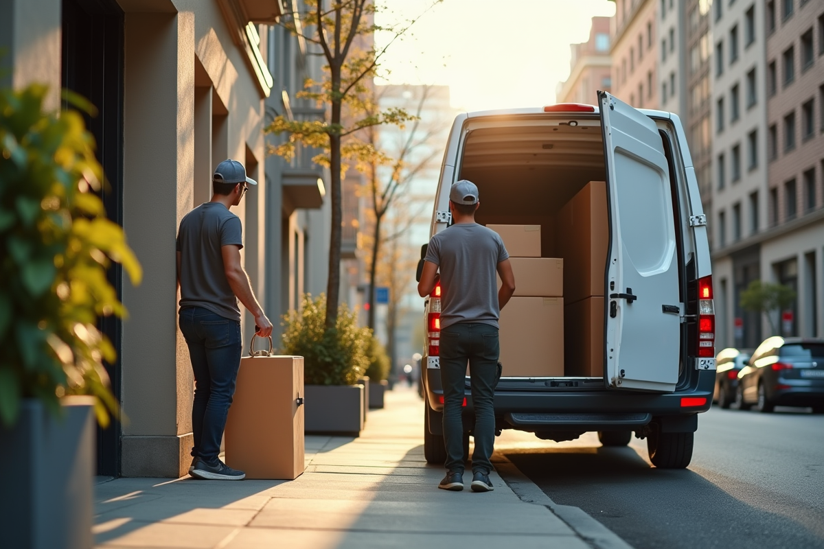 Demenageurs en ville unloadant cartons dans immeuble lumineux