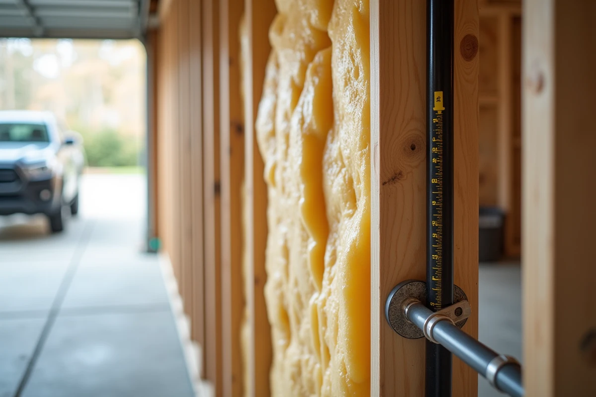 Détail d'installation d'isolation en laine de verre entre montants bois avec conduit électrique dans un garage