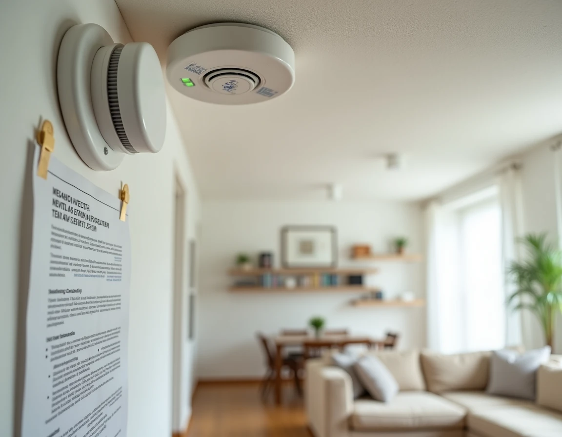 Gros plan sur un détecteur de fumée installé au plafond avec étiquette de date de vérification dans un appartement en location
