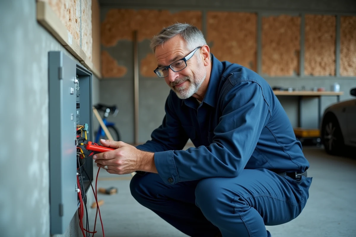 Électricien inspectant le tableau électrique d'un garage avec panneau d'isolation visible en arrière-plan