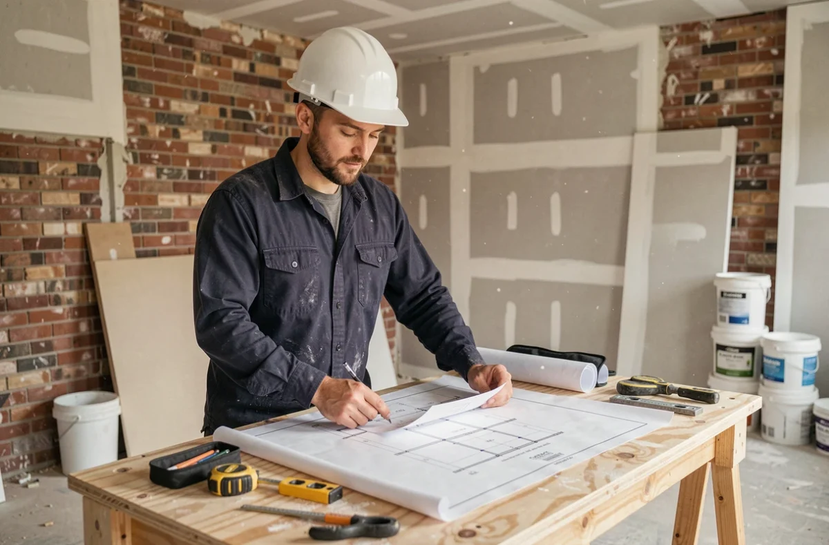 Entrepreneur dans le bâtiment consultant un plan de rénovation sur un chantier en 2026