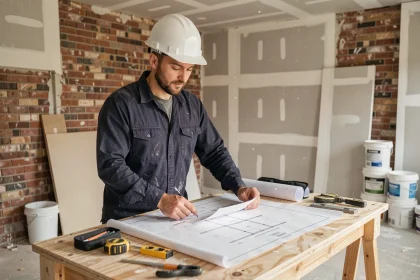 Entrepreneur dans le bâtiment consultant un plan de rénovation sur un chantier en 2026