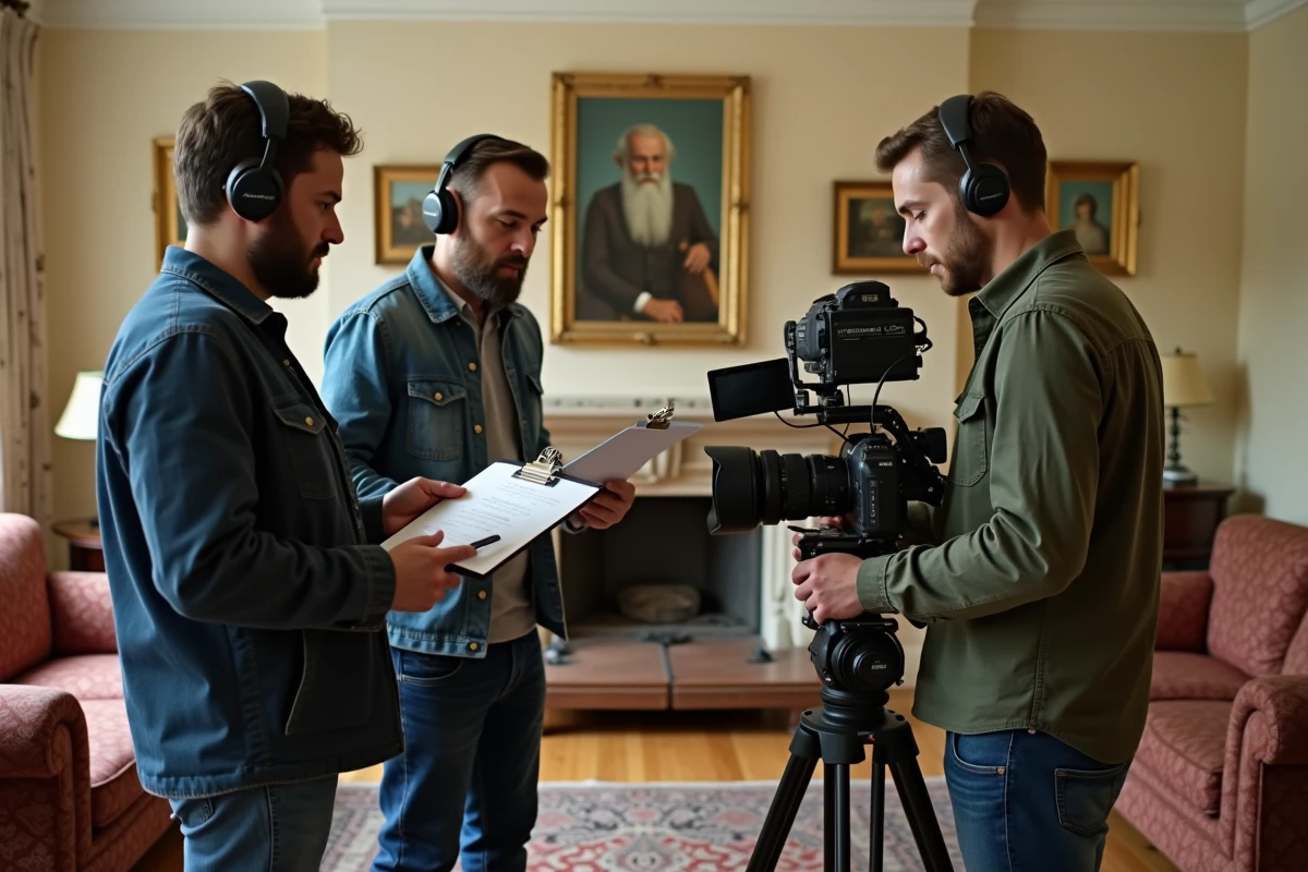 Équipe de tournage installant du matériel dans un salon privatif loué pour une production cinématographique