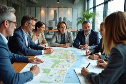Groupe d urbanistes autour d une carte en réunion