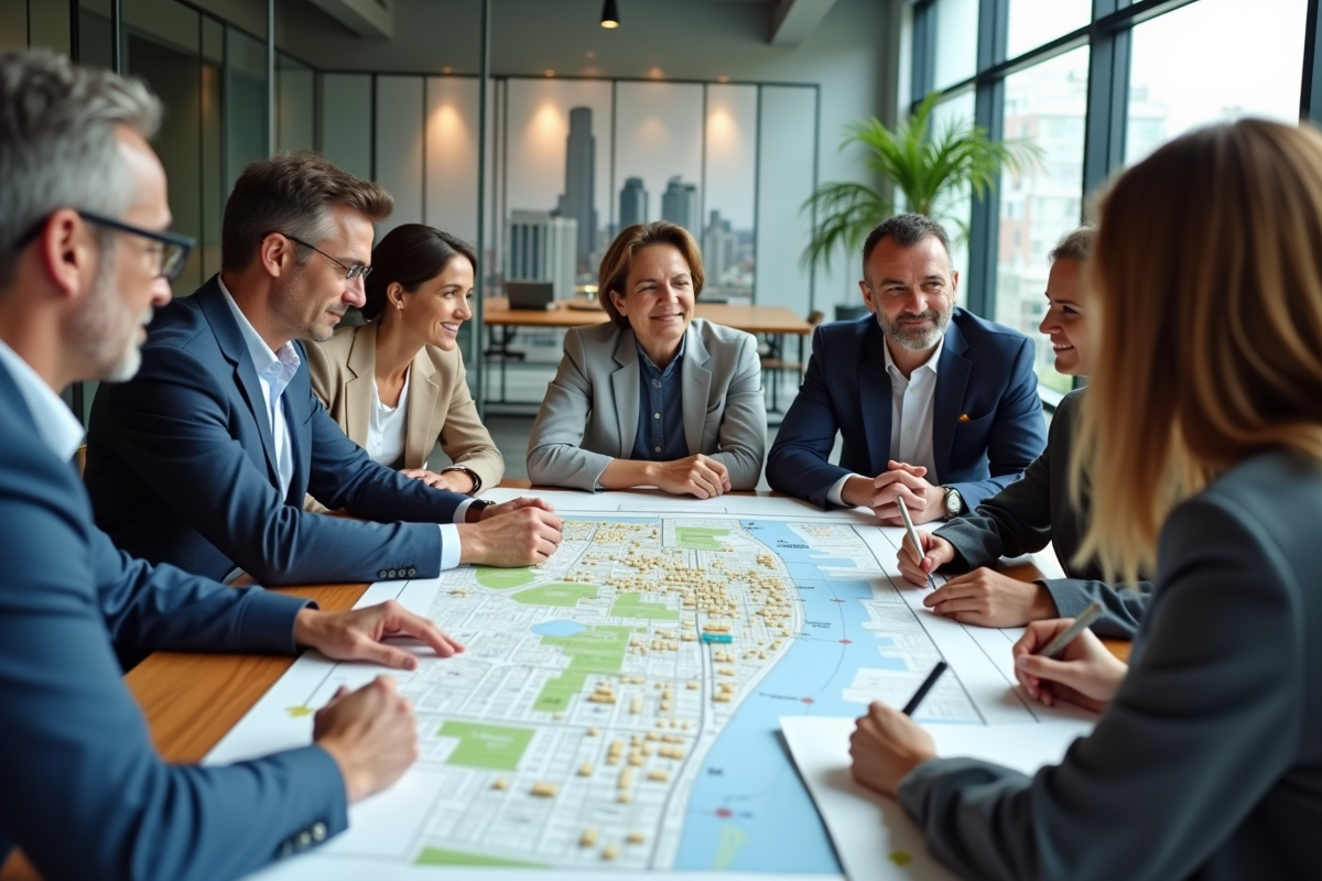 Groupe d urbanistes autour d une carte en réunion