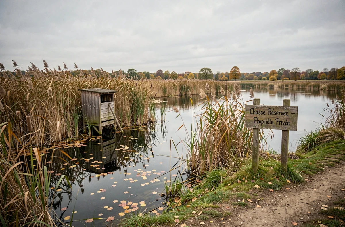 Étang de chasse privé avec panneau propriété réservée et cache en bois dans les roseaux en automne