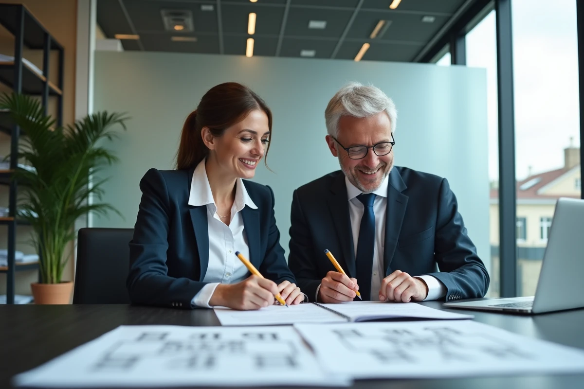 Deux notaires professionnels consultant des documents immobiliers dans une étude notariale moderne à Limoges