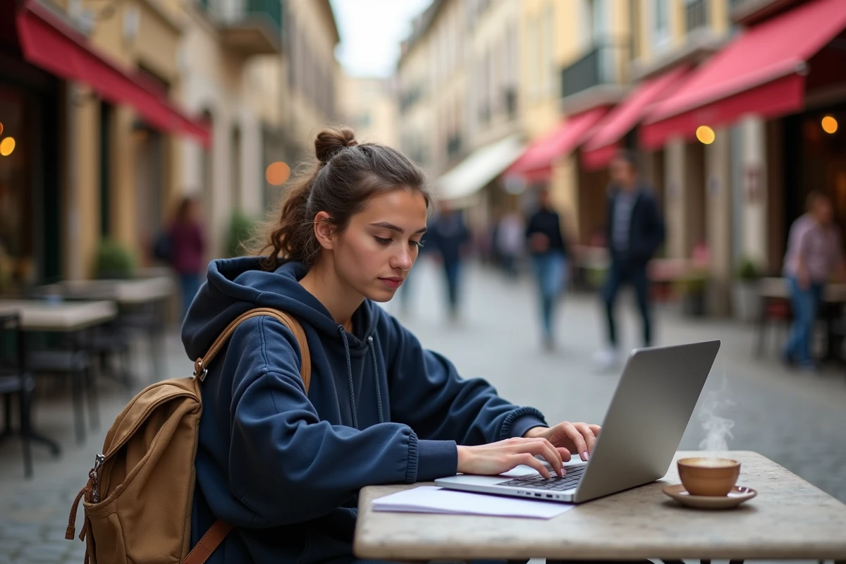 Étudiante travaillant en terrasse dans un quartier animé de Bergerac