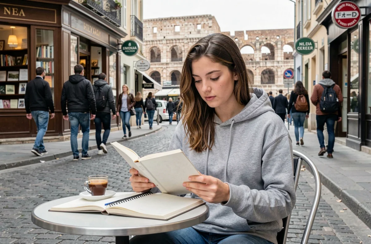 Étudiante lisant en terrasse de café dans un quartier animé de Nîmes proche des universités