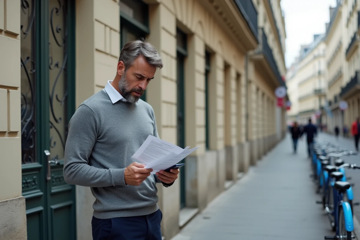 Homme évaluant une annonce de location devant un immeuble parisien typique en tenant une fiche imprimée
