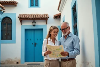 Couple d'expatriés explorant une ruelle de la médina d'Essaouira pour une location longue durée